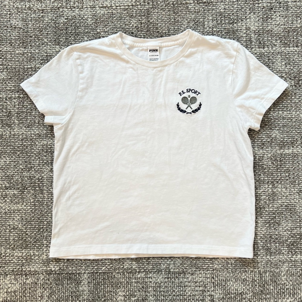 PINK Victoria's Secret White Tee with Black Sport Emblem